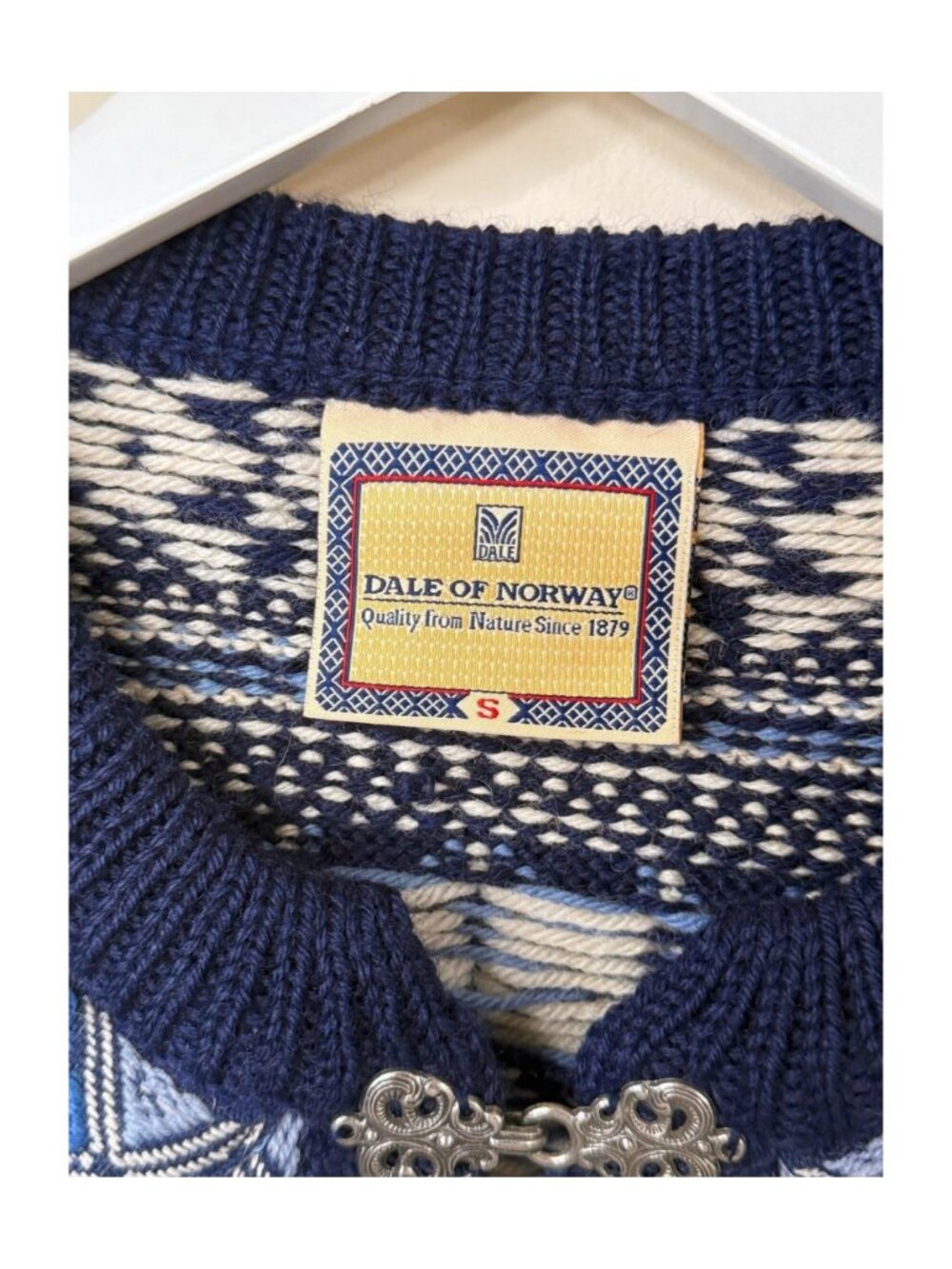 Dale of Norway Wool Cardigan Nordic Sweater Blue Fair Isle Toggle Clasp S - Picture 5 of 8